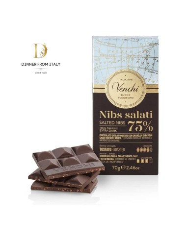 Venchi Tavoletta di Cioccolato Extra Fondente con Nibs di Cacao Salati, Senza Glutine Vegano 70 gr